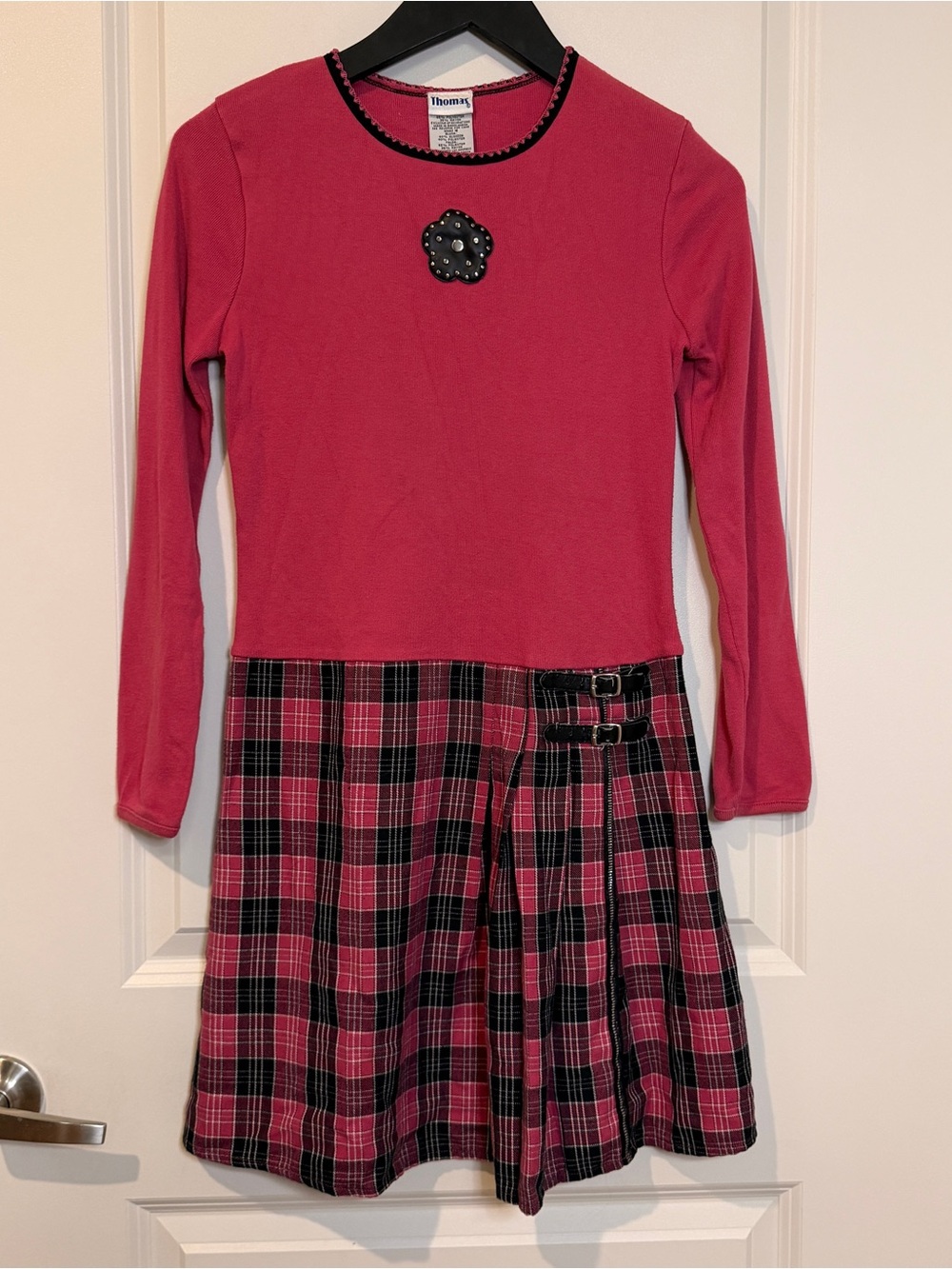 Thomas Vintage Y2K Pink Plaid Long Sleeve Dress with Buckle Detail